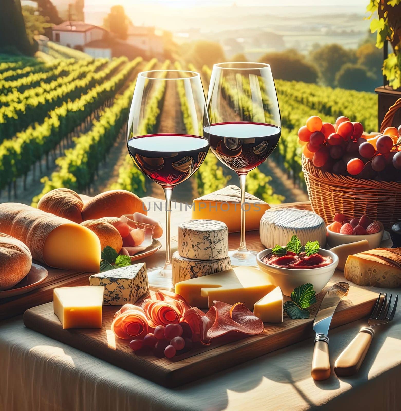 Outdoor terrace overlooking summer vineyards at sunset. Table with meat and cheese snacks and fruits. Two glass glasses with red wine