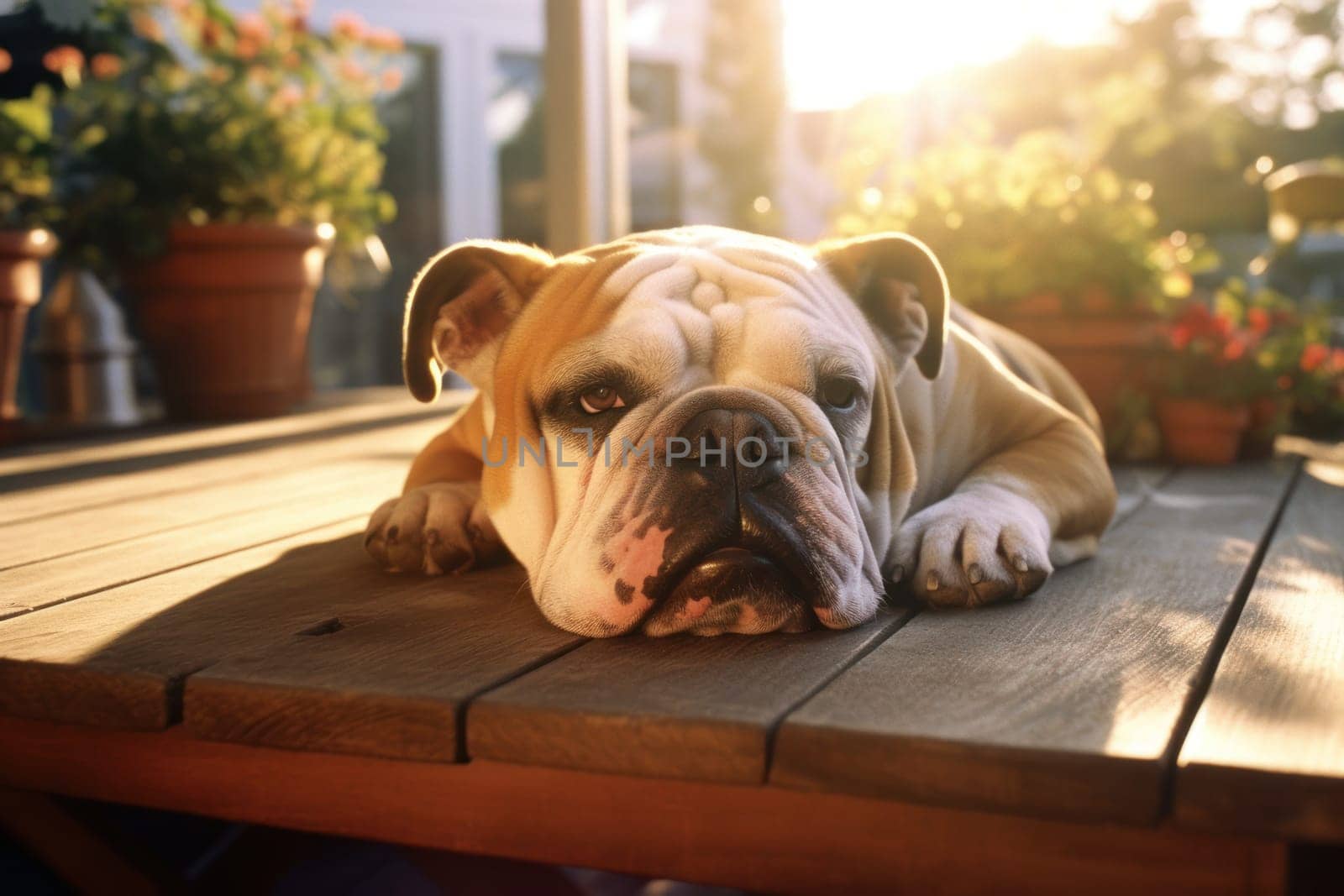 Cute English bulldog lying in a comfortable spot.