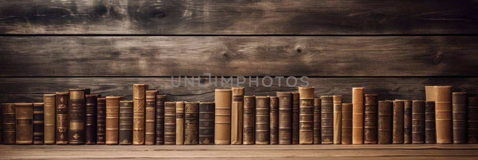 Wood texture background with retro books. Wide format banner by natali_brill