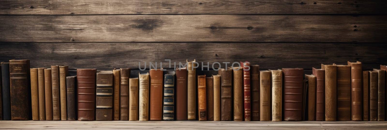 Wood texture background with retro books. Wide format banner by natali_brill