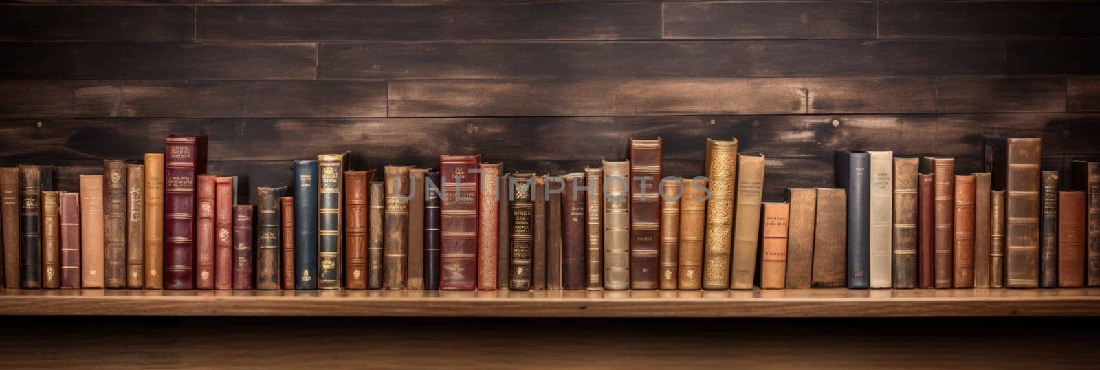 Wood texture background with retro books. Wide format banner AI