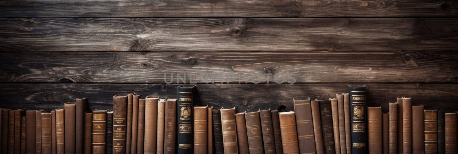 Wood texture background with retro books. Wide format banner by natali_brill