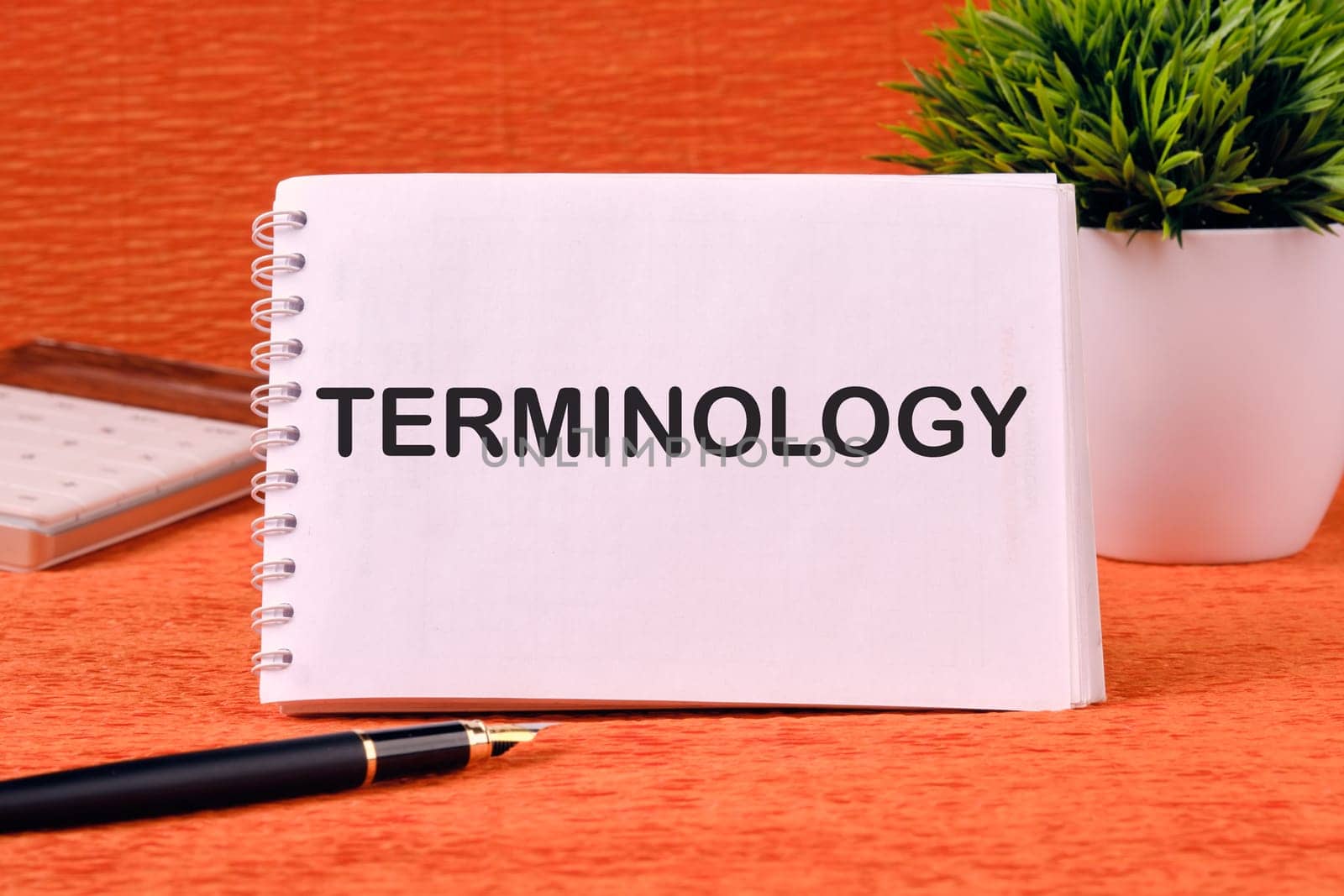 TERMINOLOGY text written on a blank sheet of notepad, there is a calculator, a pen and a flower in the background