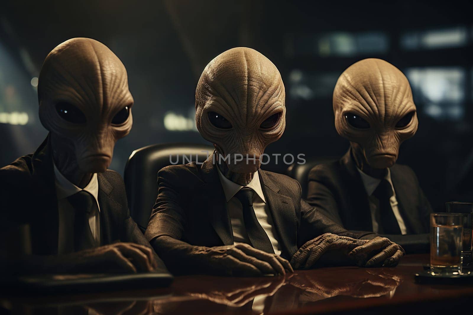 Aliens in business suits are sitting at the negotiating table.