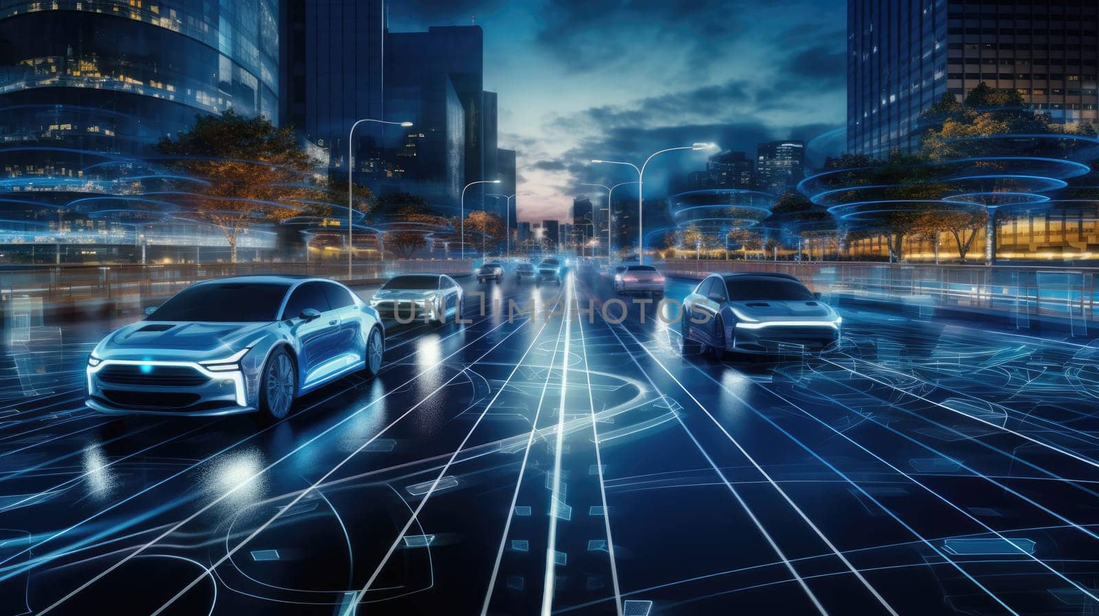 Driverless car. Autonomous cars on the road using AI technologies