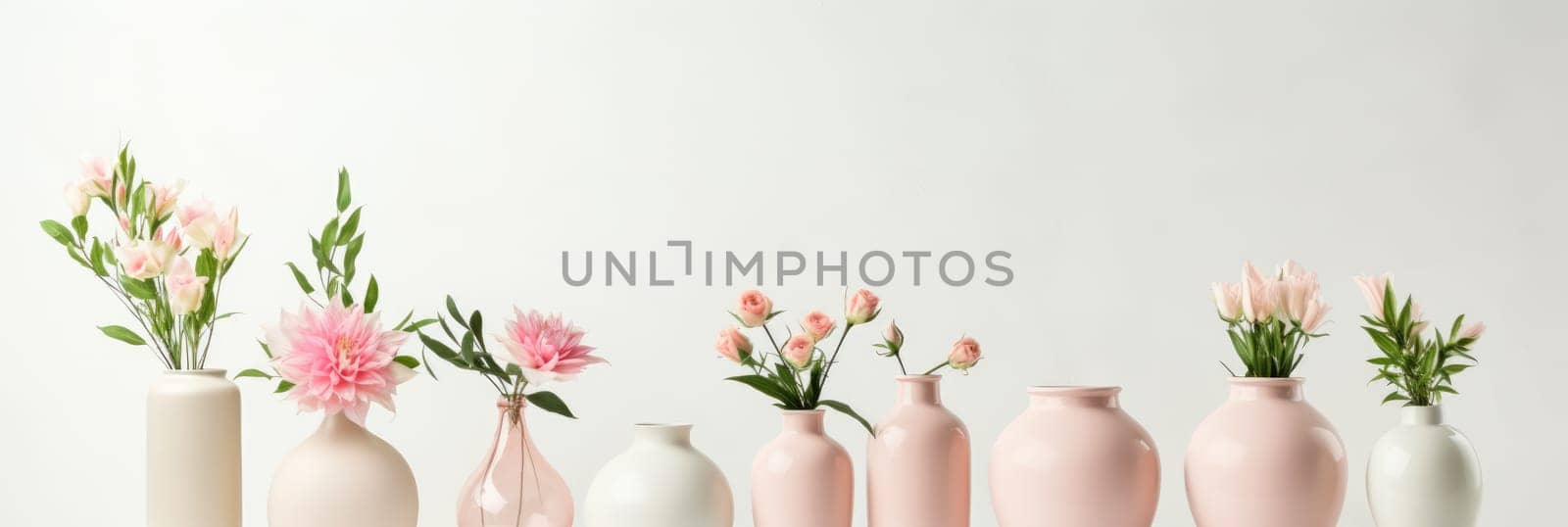 Soft home decor for interior. Light background with flower vases. Wide format banner AI