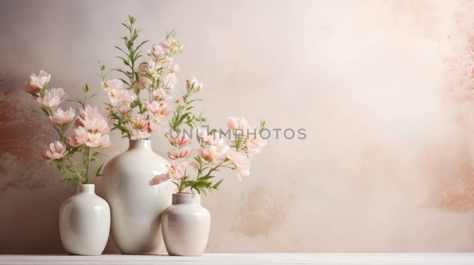 Soft home decor for interior. Light background with flower vases by natali_brill