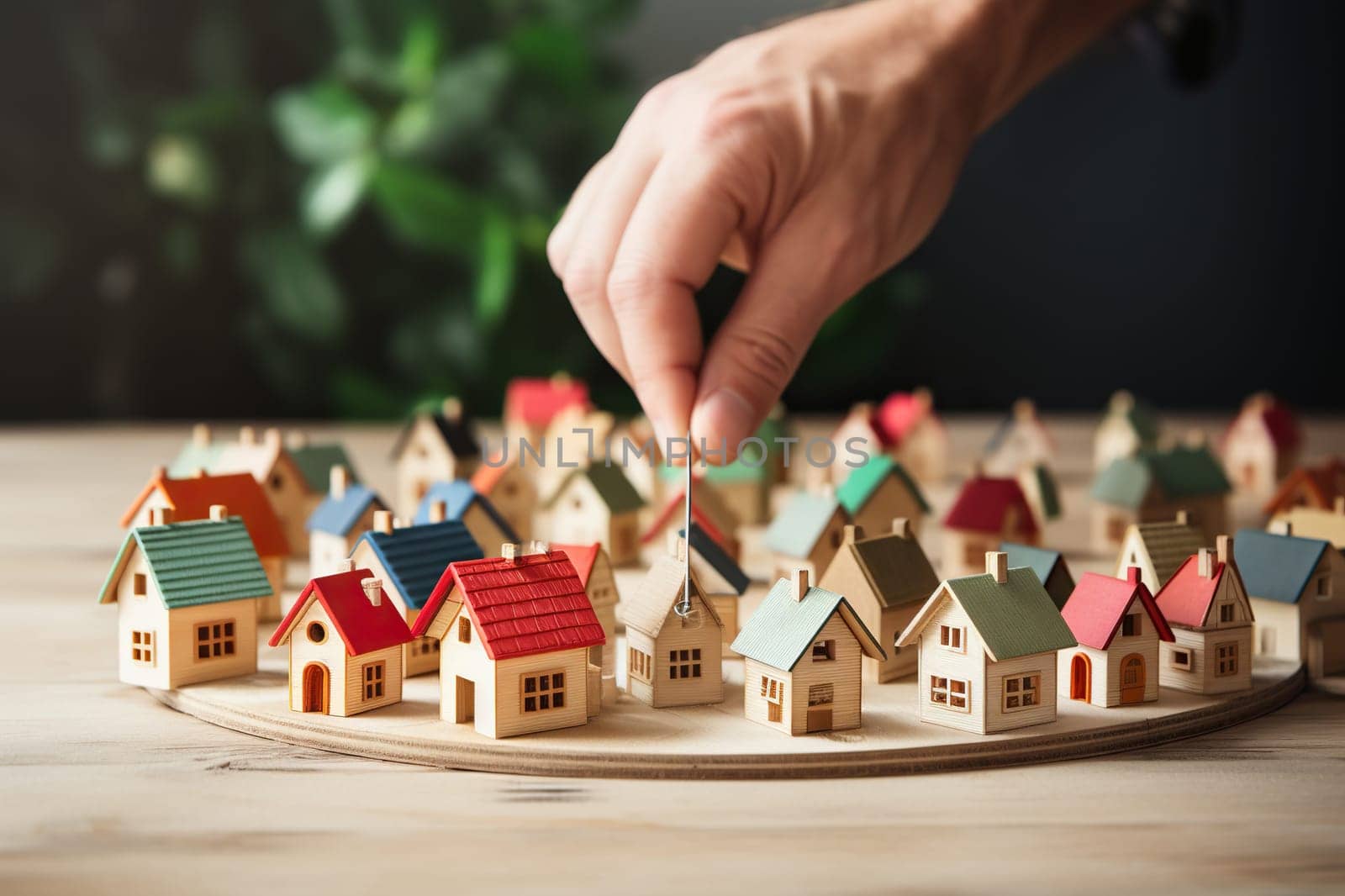 A man's hand over wooden house models. The concept of searching, buying a home.
