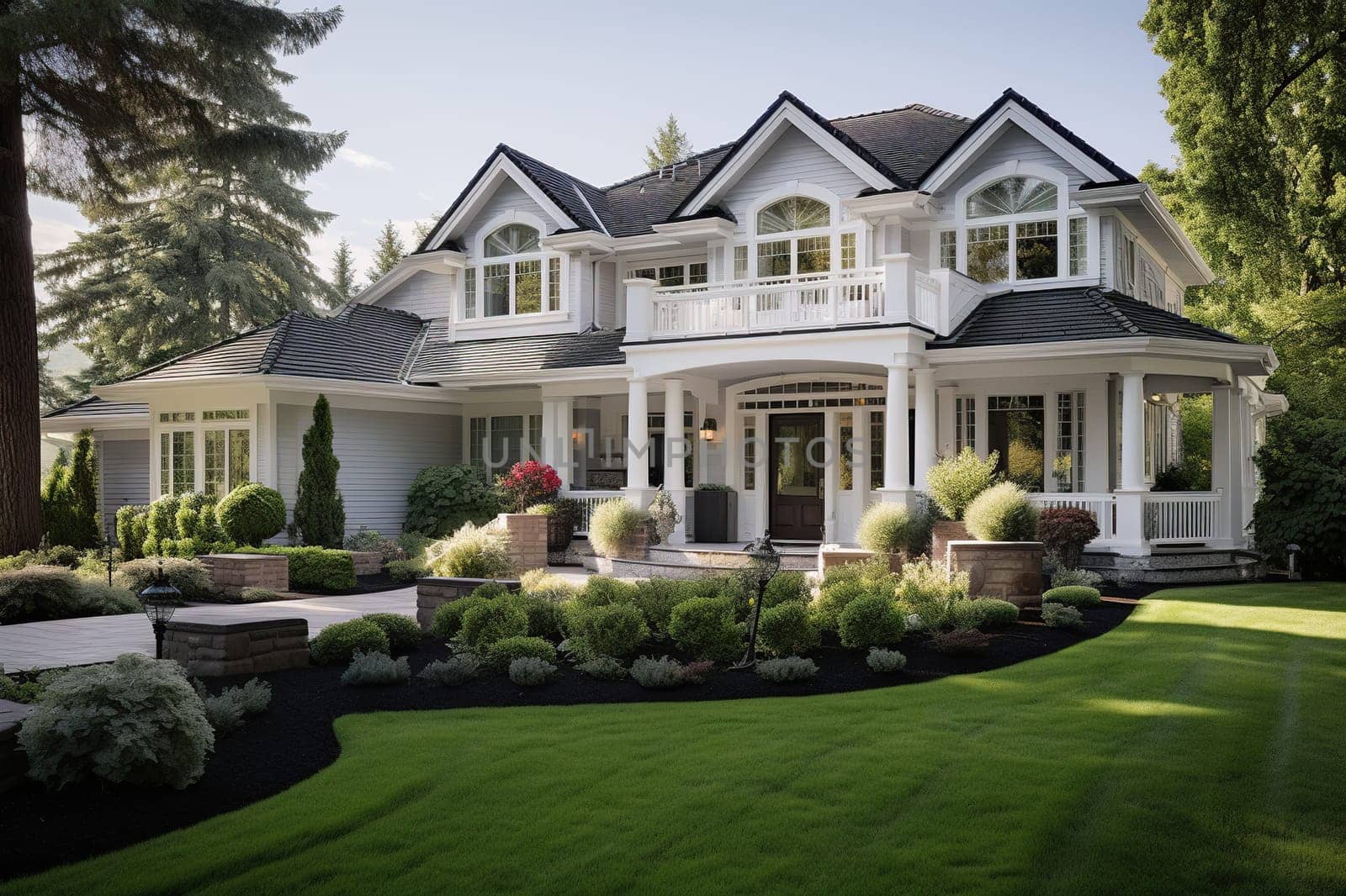 A classic American country house with a green lawn in front of the house.