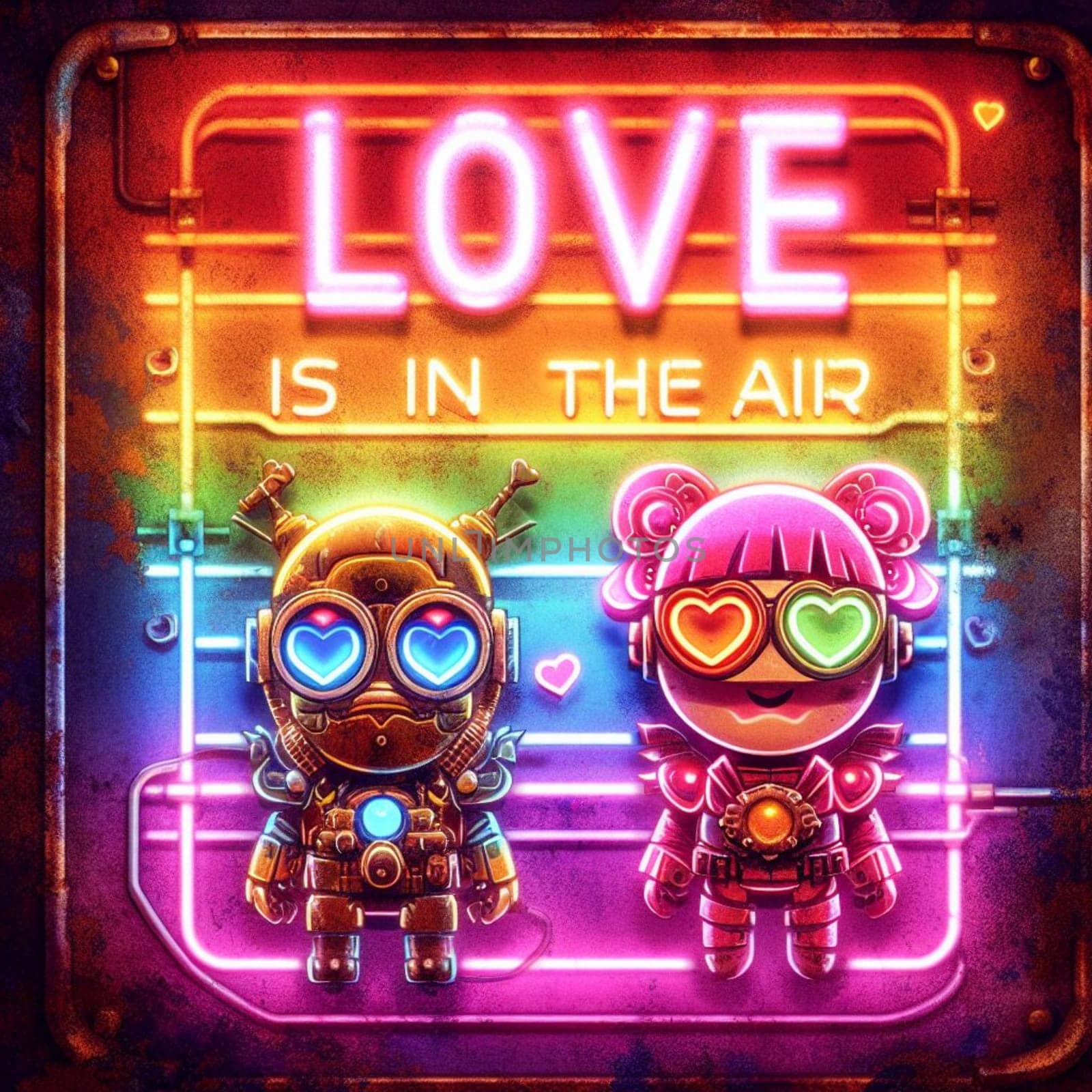 steampunk astronaut king and queen in love neon sign valentine illustration concept rusty background by verbano