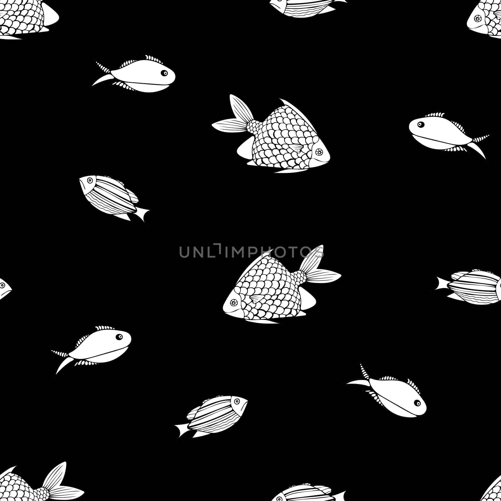 Hand Drawn Black and White Fish Background. by Rina_Dozornaya