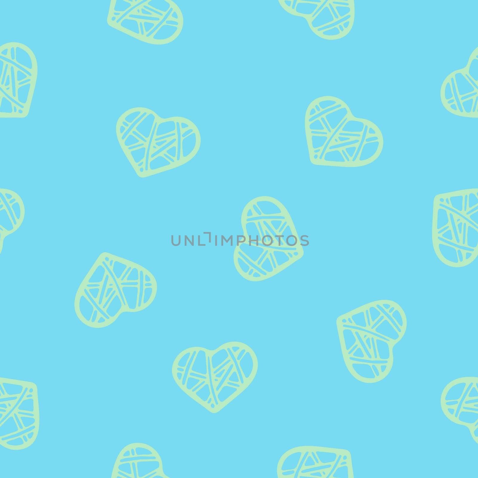 Hand Drawn Seamless Patterns with Hearts in Doodle Style. Romantic Love Digital Paper for Valentines Day. Colorful Hearts on Pastel Blue Background.