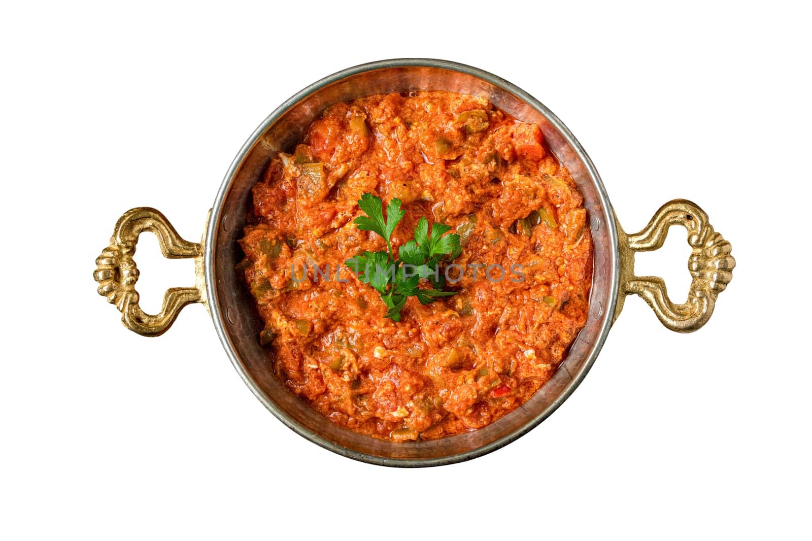 Turkish traditional menemen dish made with eggs, onions, peppers and tomatoes