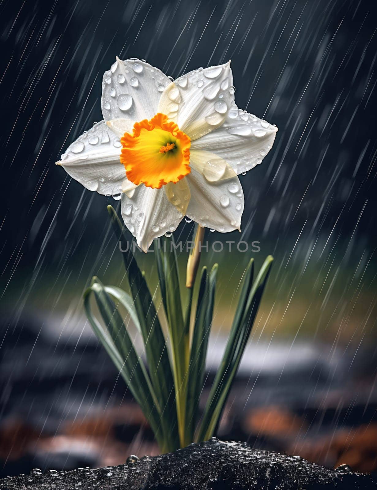 White daffodils in the rain drops by palinchak