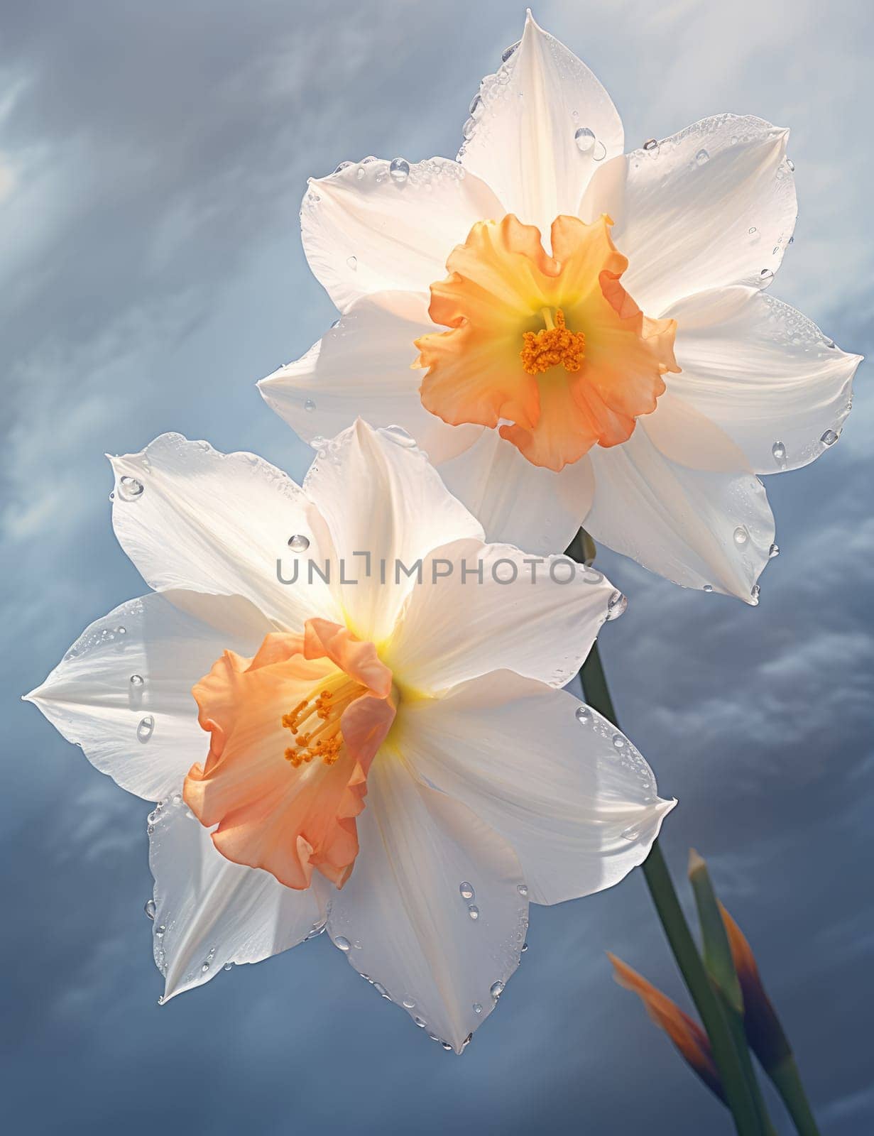 White daffodils in the rain drops by palinchak