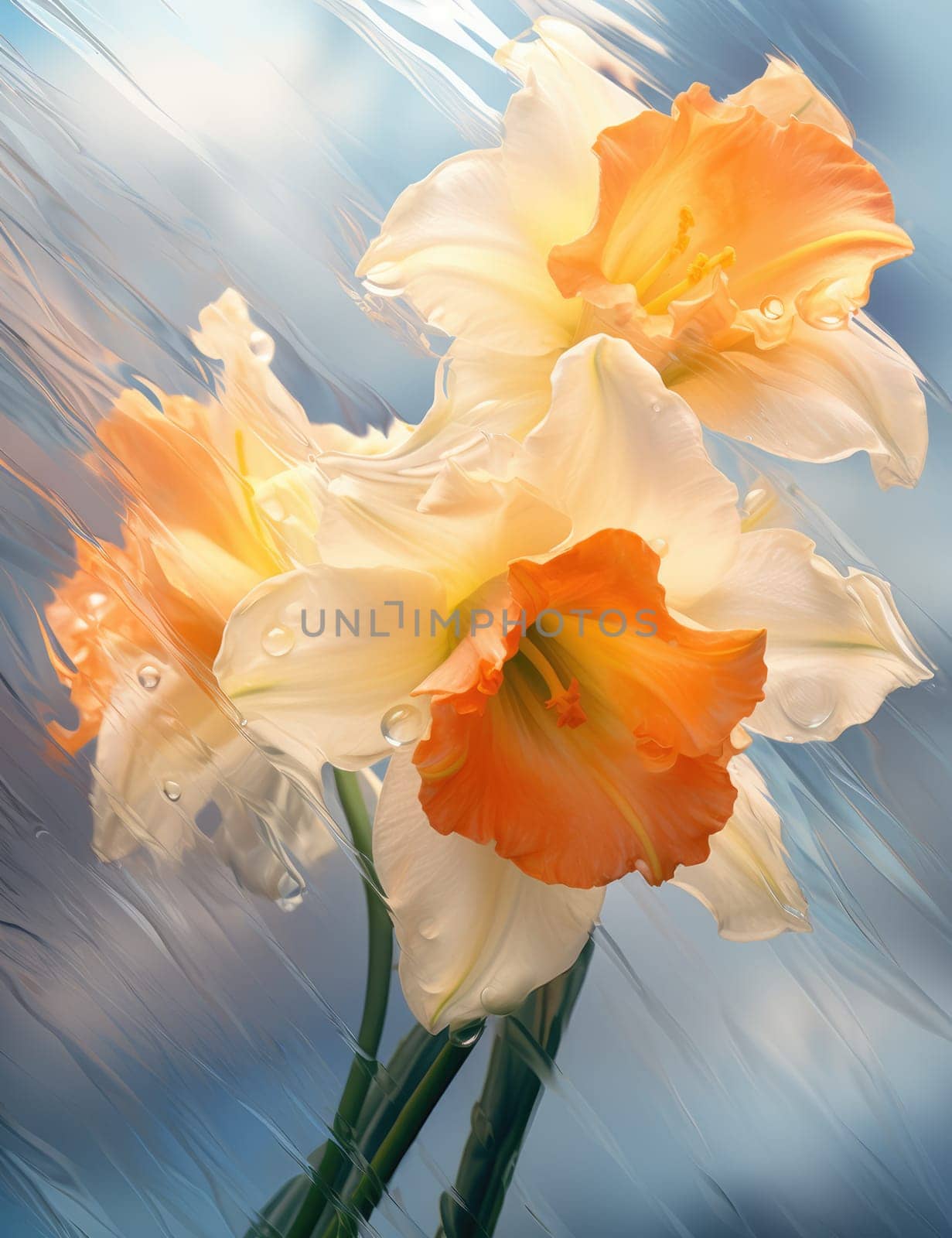 White daffodils in the rain drops by palinchak