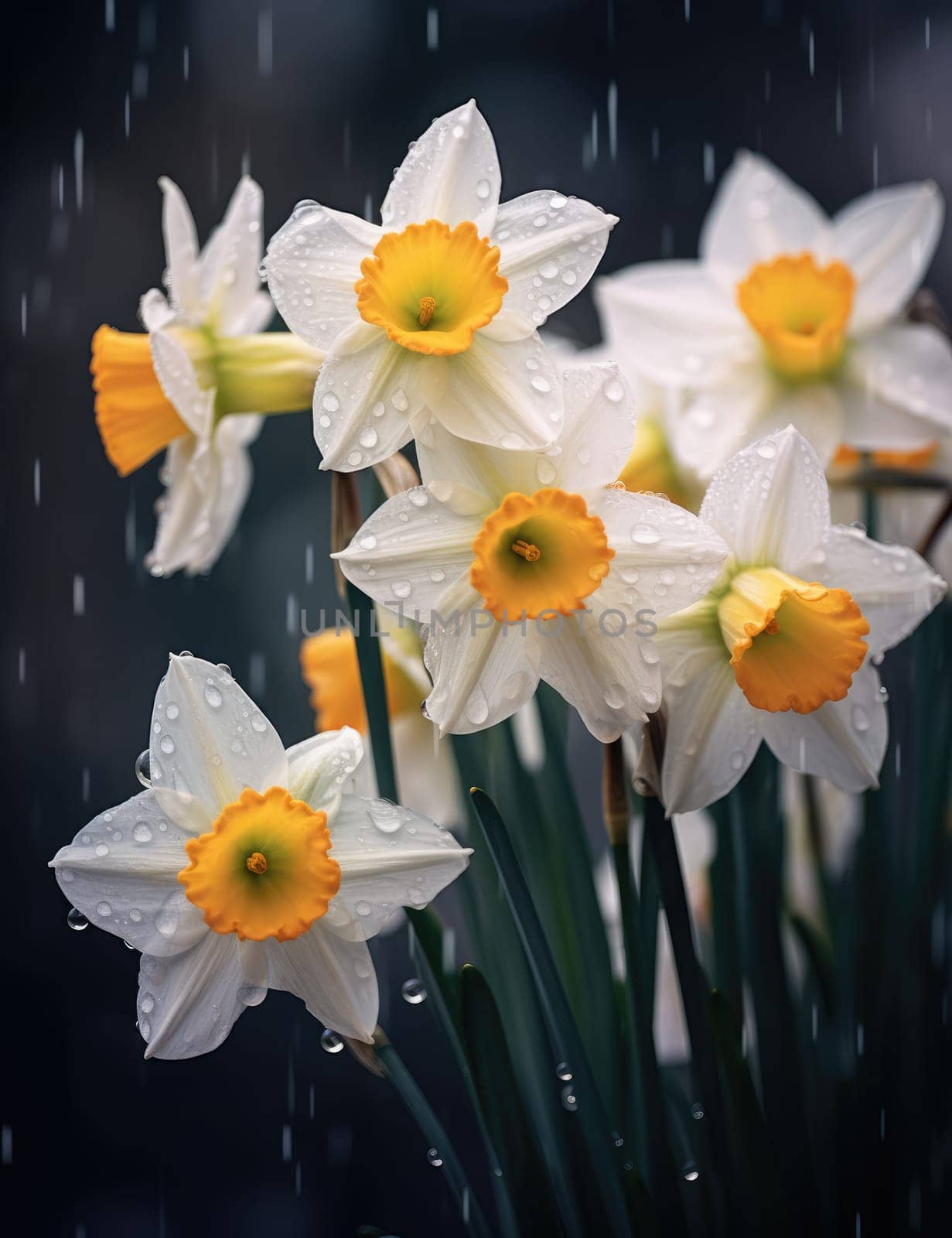 White daffodils in rain drops in a spring garden. The beauty of nature