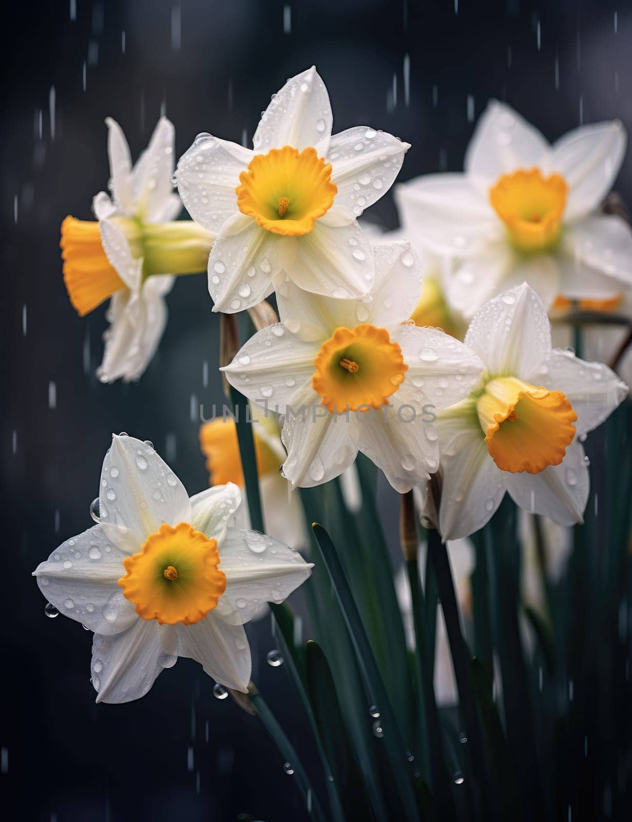 White daffodils in the rain drops by palinchak