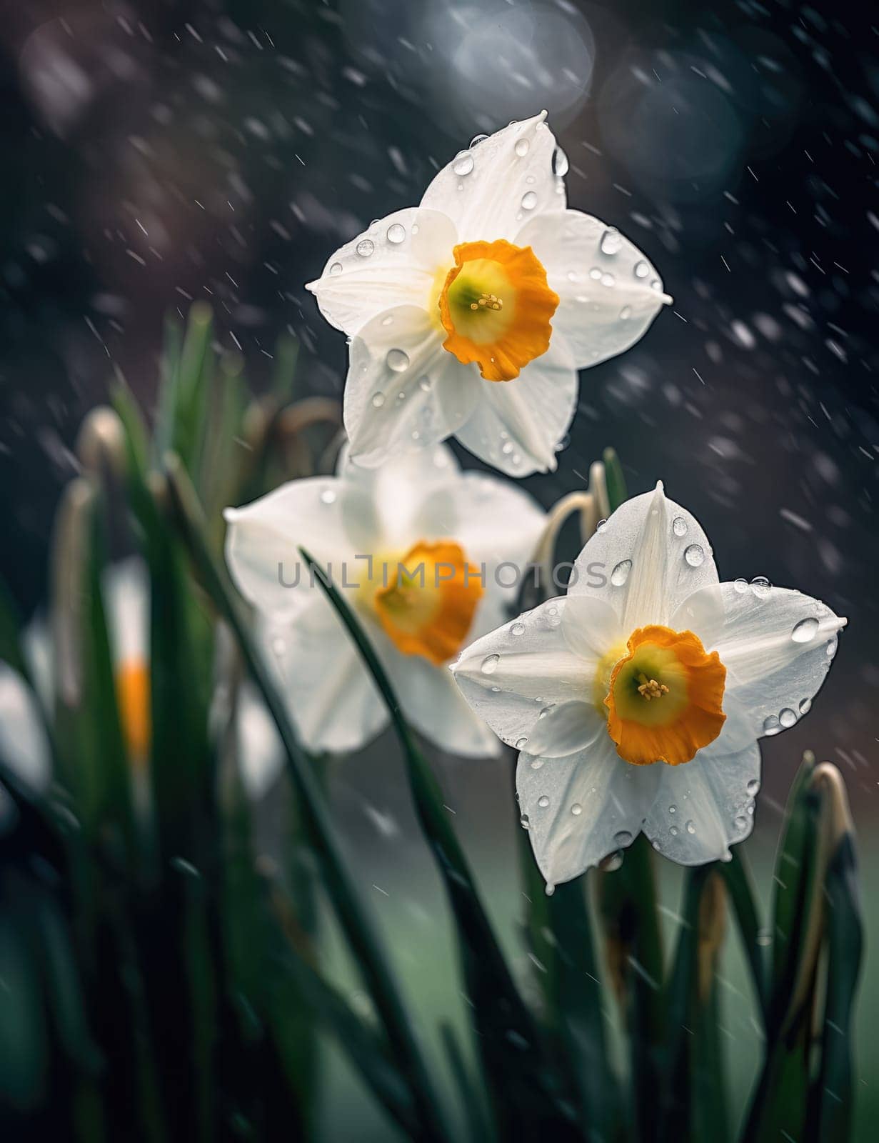 White daffodils in rain drops in a spring garden. The beauty of nature