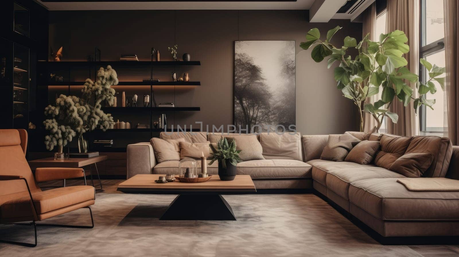 Modern sofa in focus and blurred living room design at background. by natali_brill