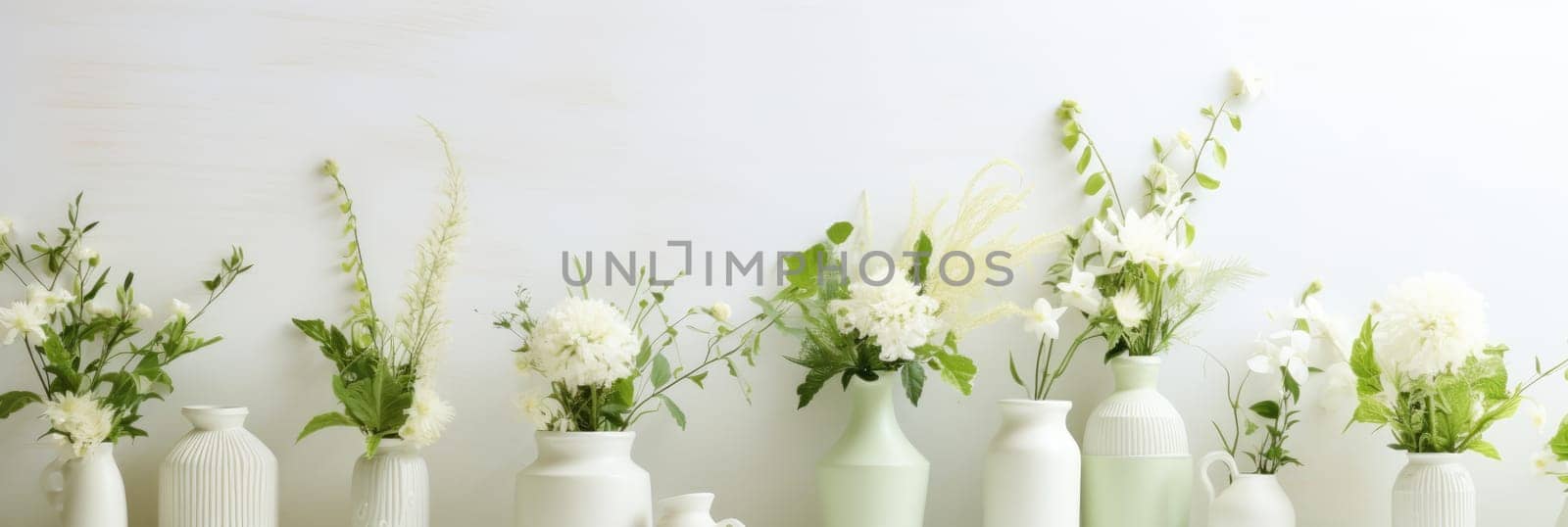 Soft home decor for interior. Light background with flower vases by natali_brill