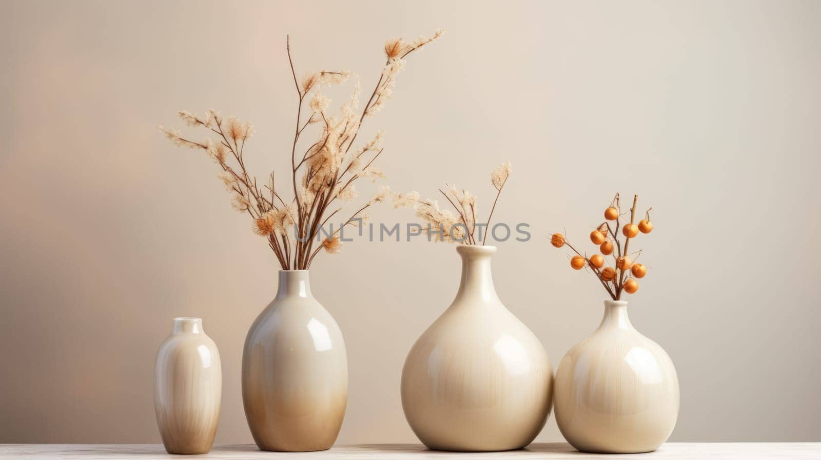 Soft home decor for interior. Light background with flower vases by natali_brill