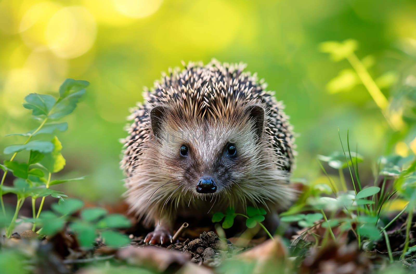 A small hedge gracefully navigating through a lush green forest filled with life