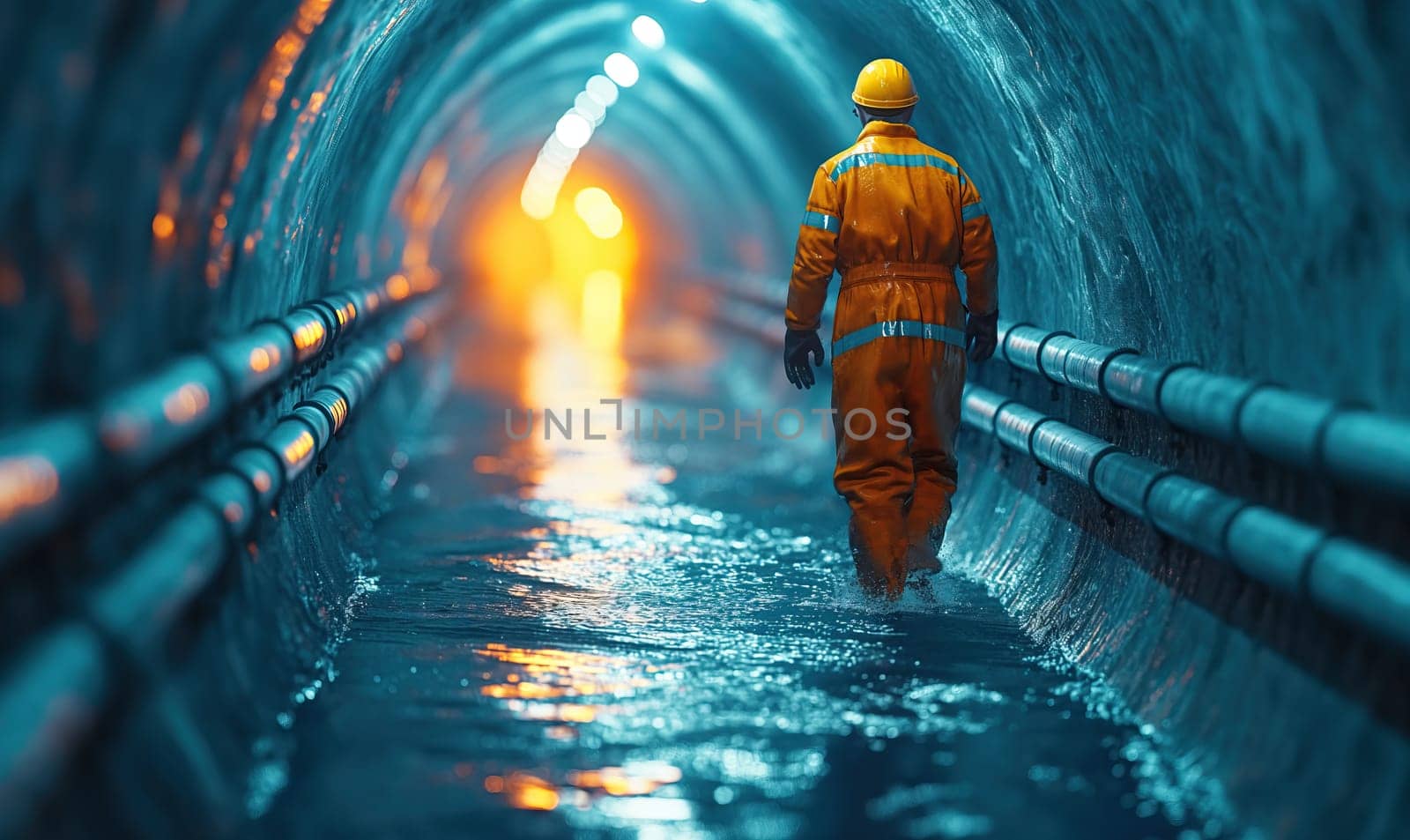 A worker walks in a round tunnel through water. Selective soft focus.