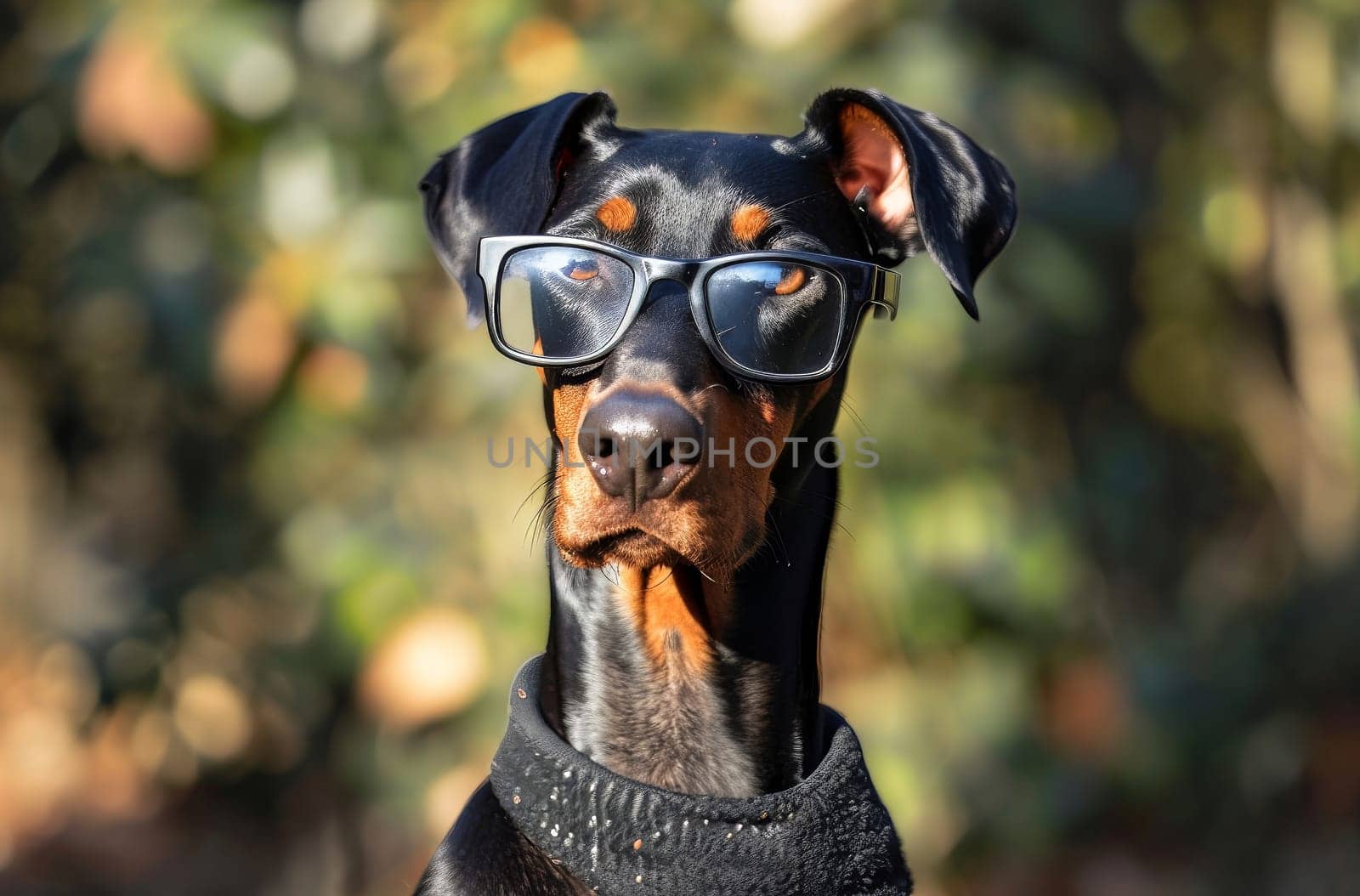 A stylish black and brown dog looking cool in sunglasses and a cozy sweater