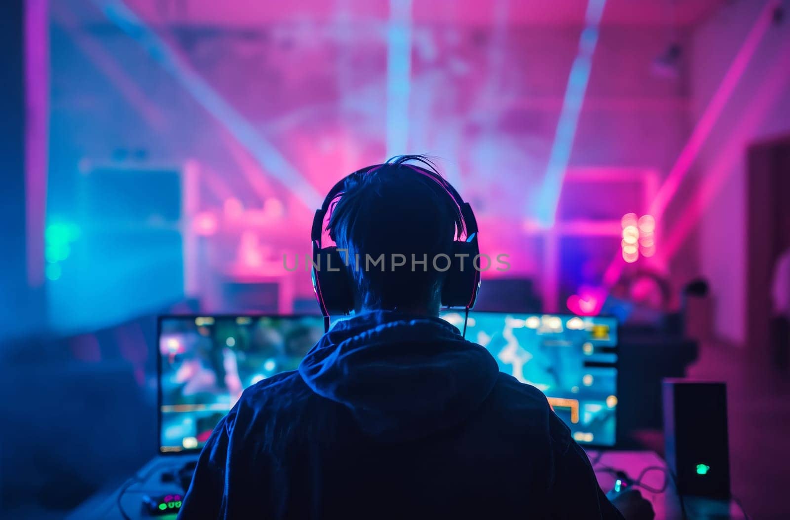 A person wearing headphones sits in front of a computer, engrossed in work or study