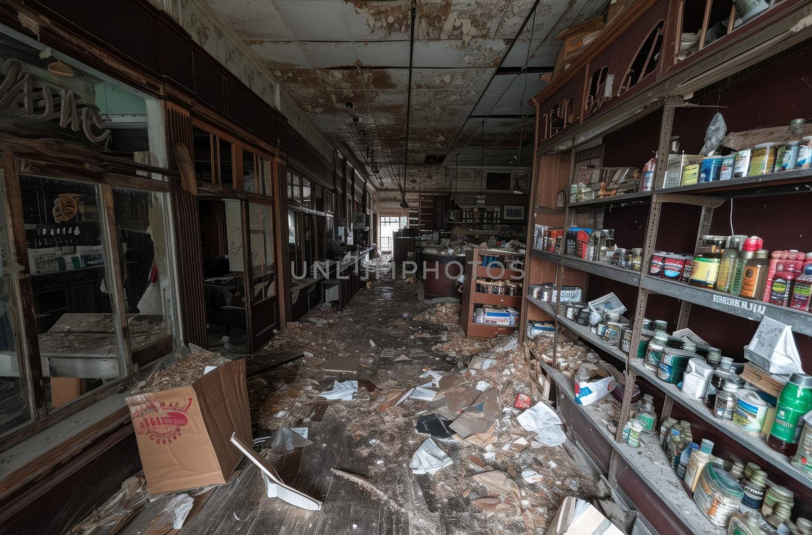 Interior of an abandoned store, with remnants of products on shelves, decaying amidst dust and debris, a silent testament to a bygone commercial era