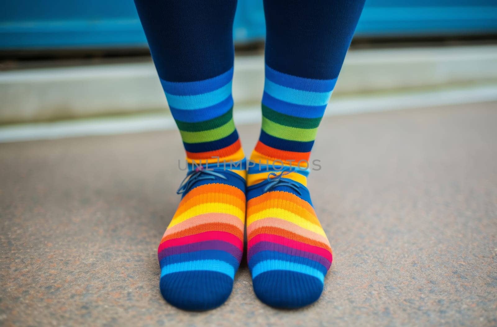 A photo of a person wearing a pair of multicolored socks that add a pop of color to their outfit