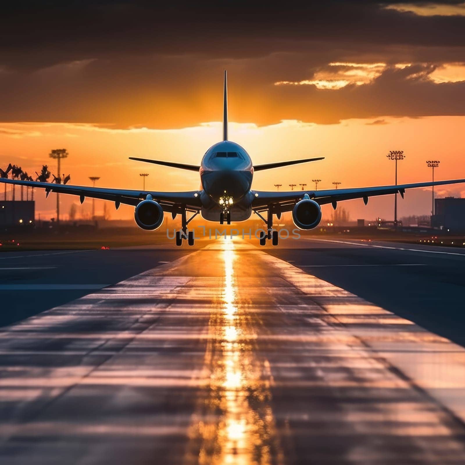 Large Jetliner Flying Over Runway at Sunset by gcm