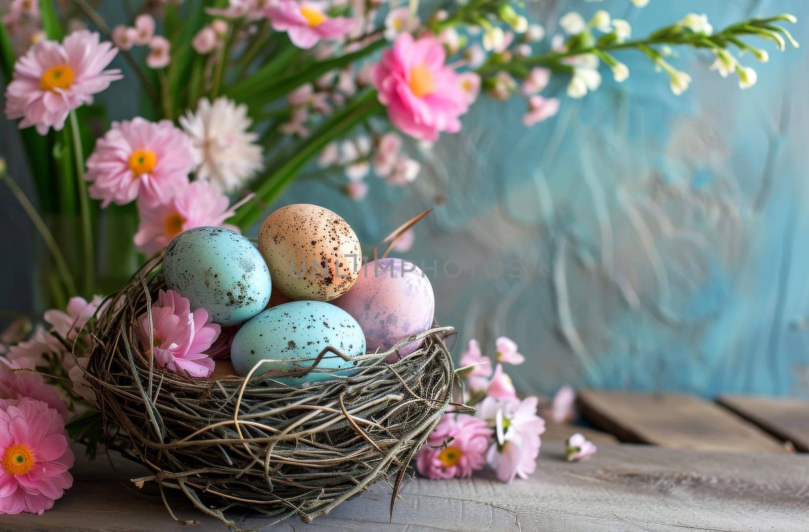 Birds Nest Filled With Eggs on Wooden Table by gcm