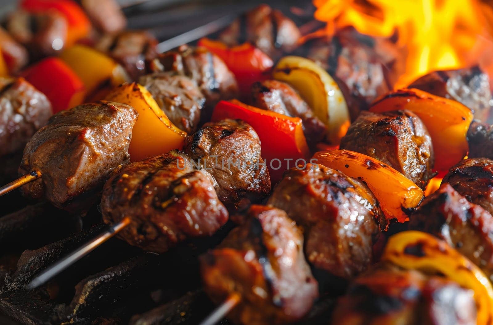 A mouth-watering close-up view of meat and vegetables grilling on a sizzling hot barbecue