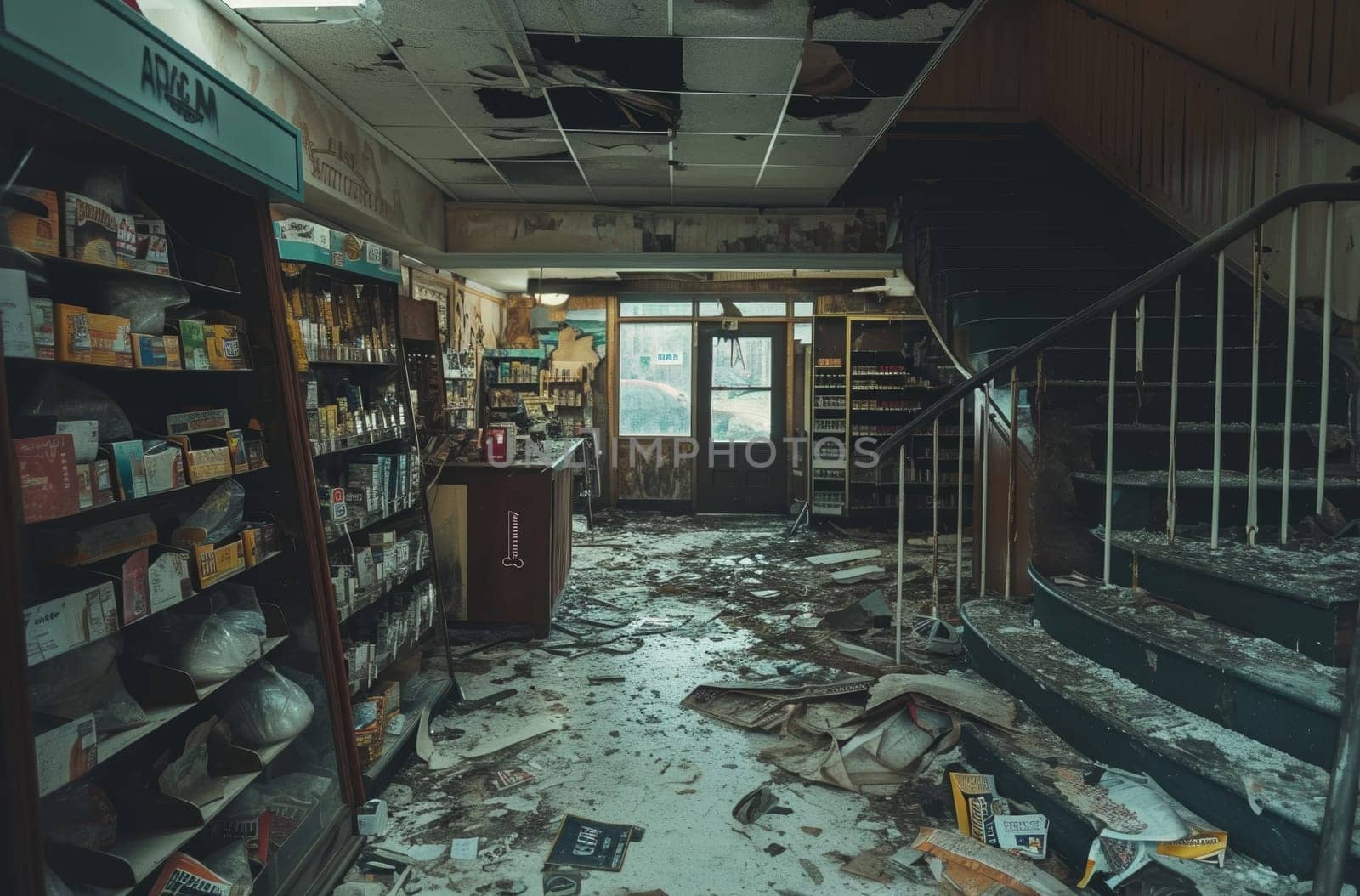 A once-bustling store lies abandoned, its products still on shelves, enveloped by the quiet aftermath of neglect and the passage of time