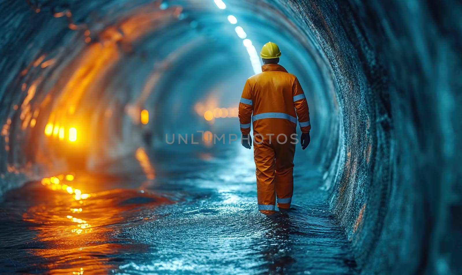 A worker walks in a round tunnel through water. Selective soft focus.