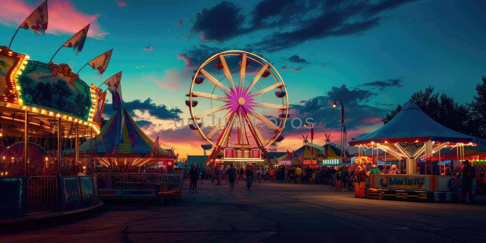 A lively carnival at dusk, Ferris wheel lights against the twilight sky, happy faces of families enjoying rides and games. Resplendent.