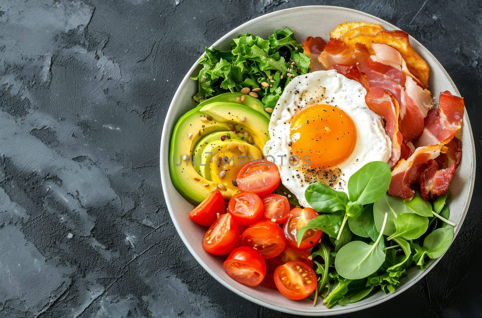 Nourishing Bowl With Eggs, Bacon, Tomatoes, Avocado, and More by gcm