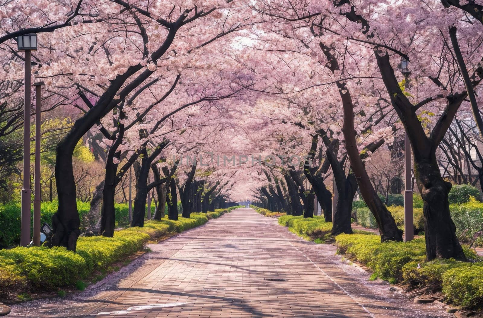A long street filled with an impressive number of pink trees lined on both sides