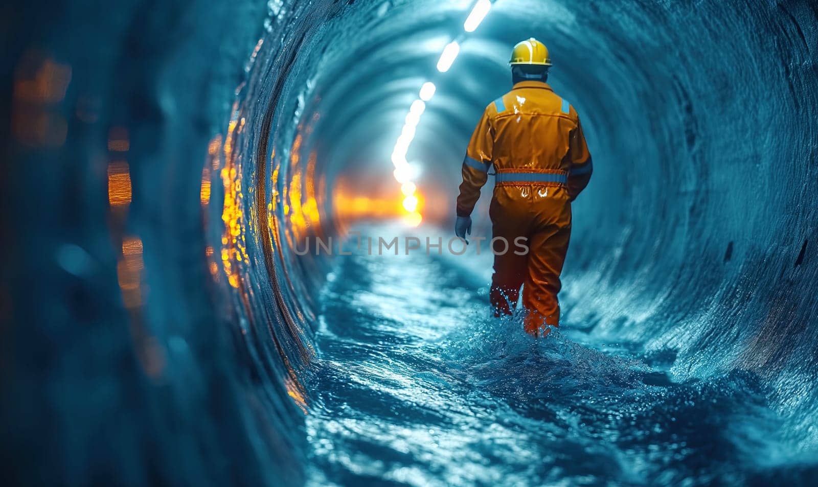 A worker walks in a round tunnel through water. Selective soft focus.