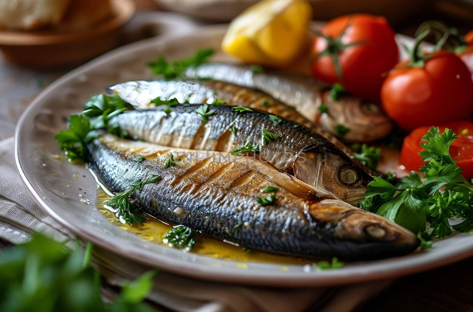 Freshly Cooked Fish and Vegetables Plated on a Table for a Delicious Meal by gcm