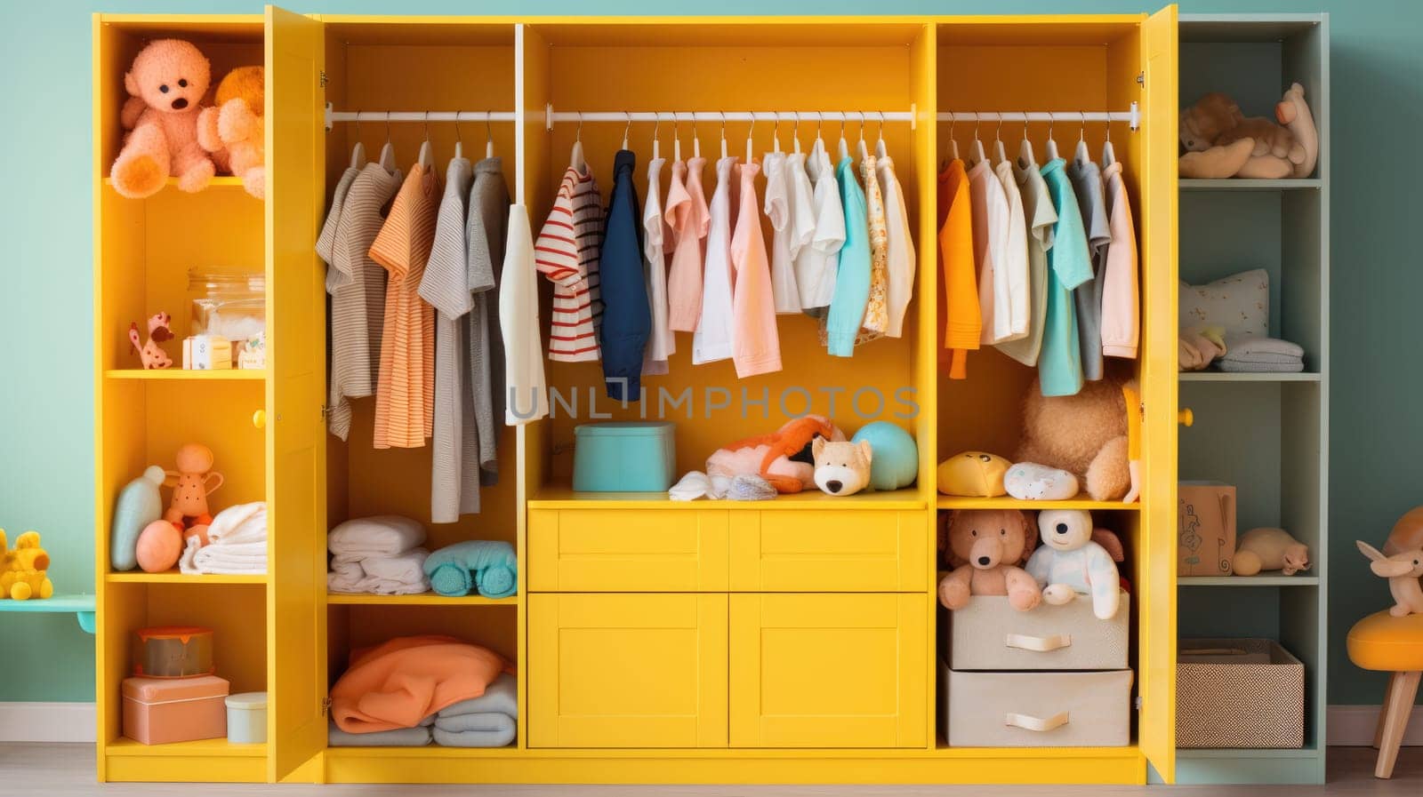 Children's wardrobe with various bright clothes for babies. Motherhood, cleaning home kids wardrobe. AI