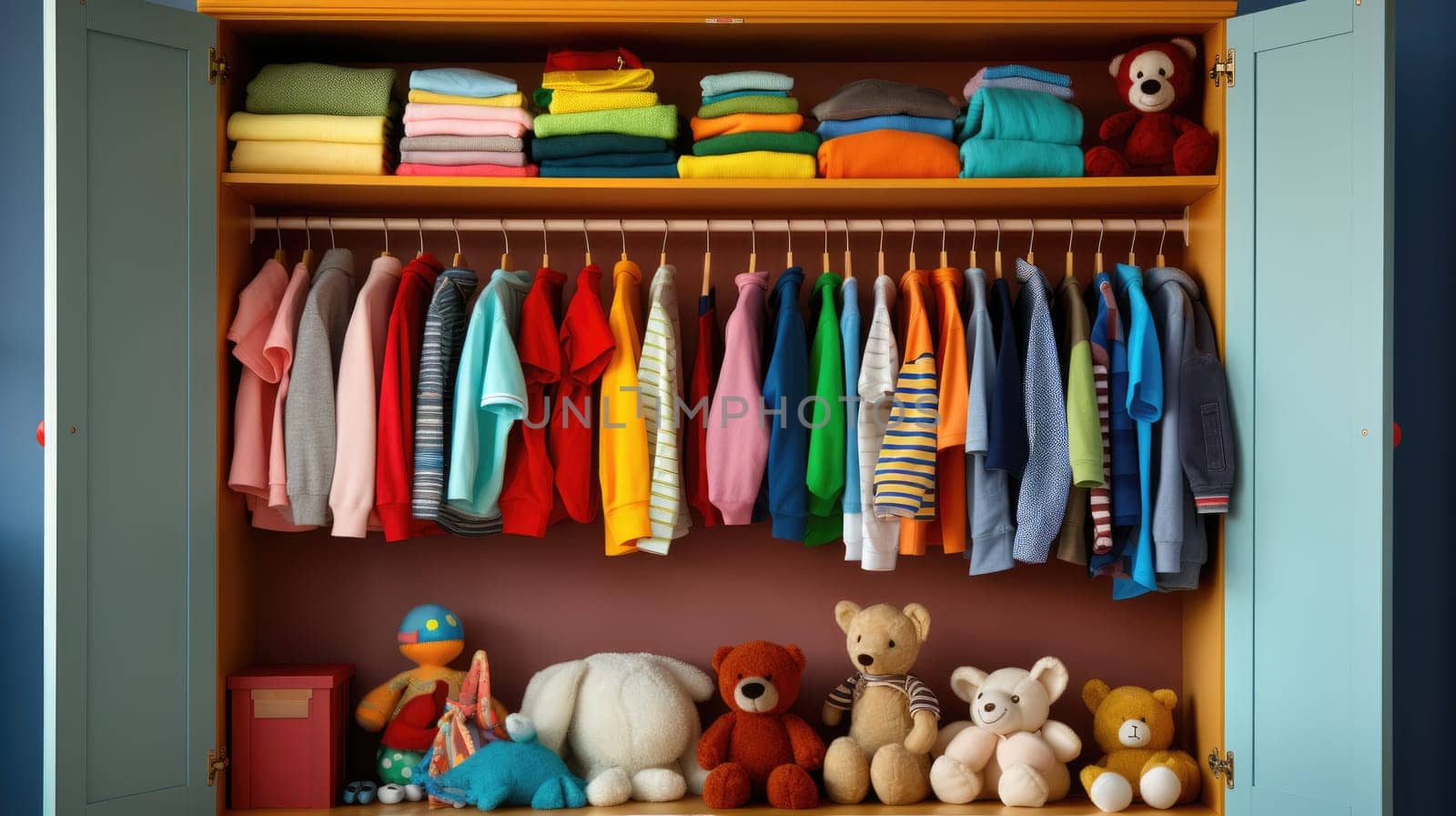 Children's wardrobe with various bright clothes for babies. Motherhood, cleaning home kids wardrobe. AI