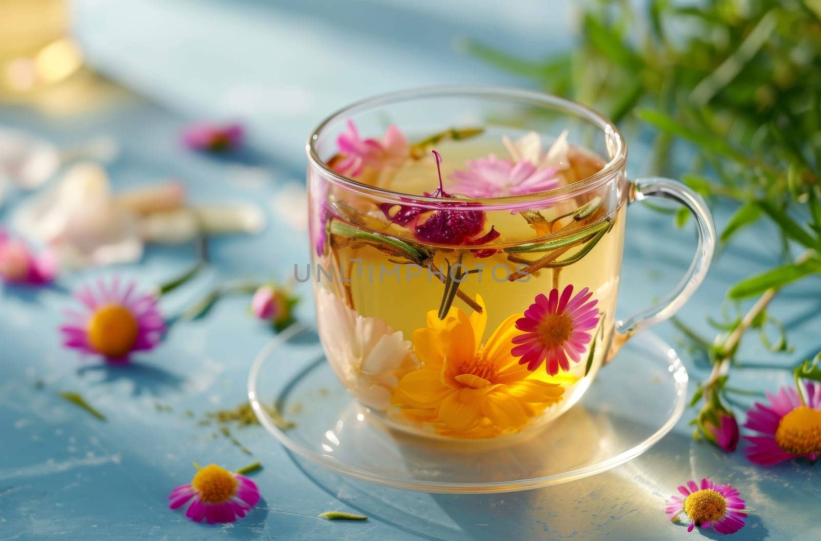 This photo showcases a simple and elegant glass cup filled with water and vibrant flowers, creating a serene and beautiful floral arrangement