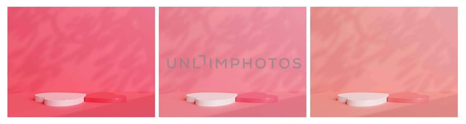 Set of pink, Pedestal podium heart shape, Valentine minimal scene mockup products showcase, Promotion display. 3D rendering illustration.