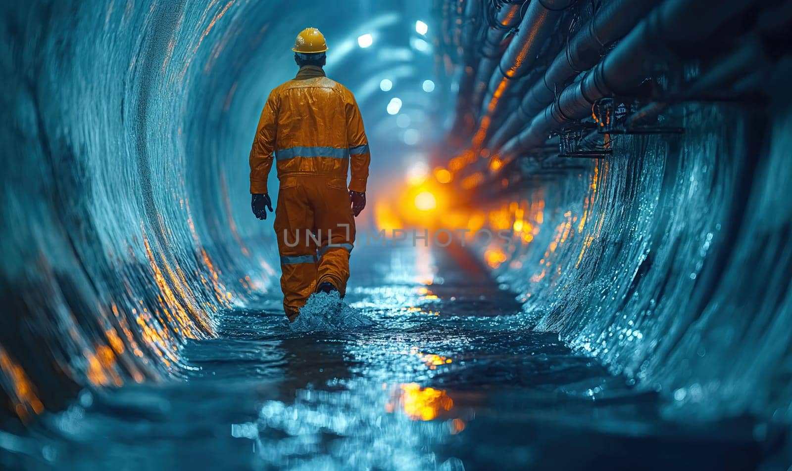 A worker walks in a round tunnel through water. Selective soft focus.