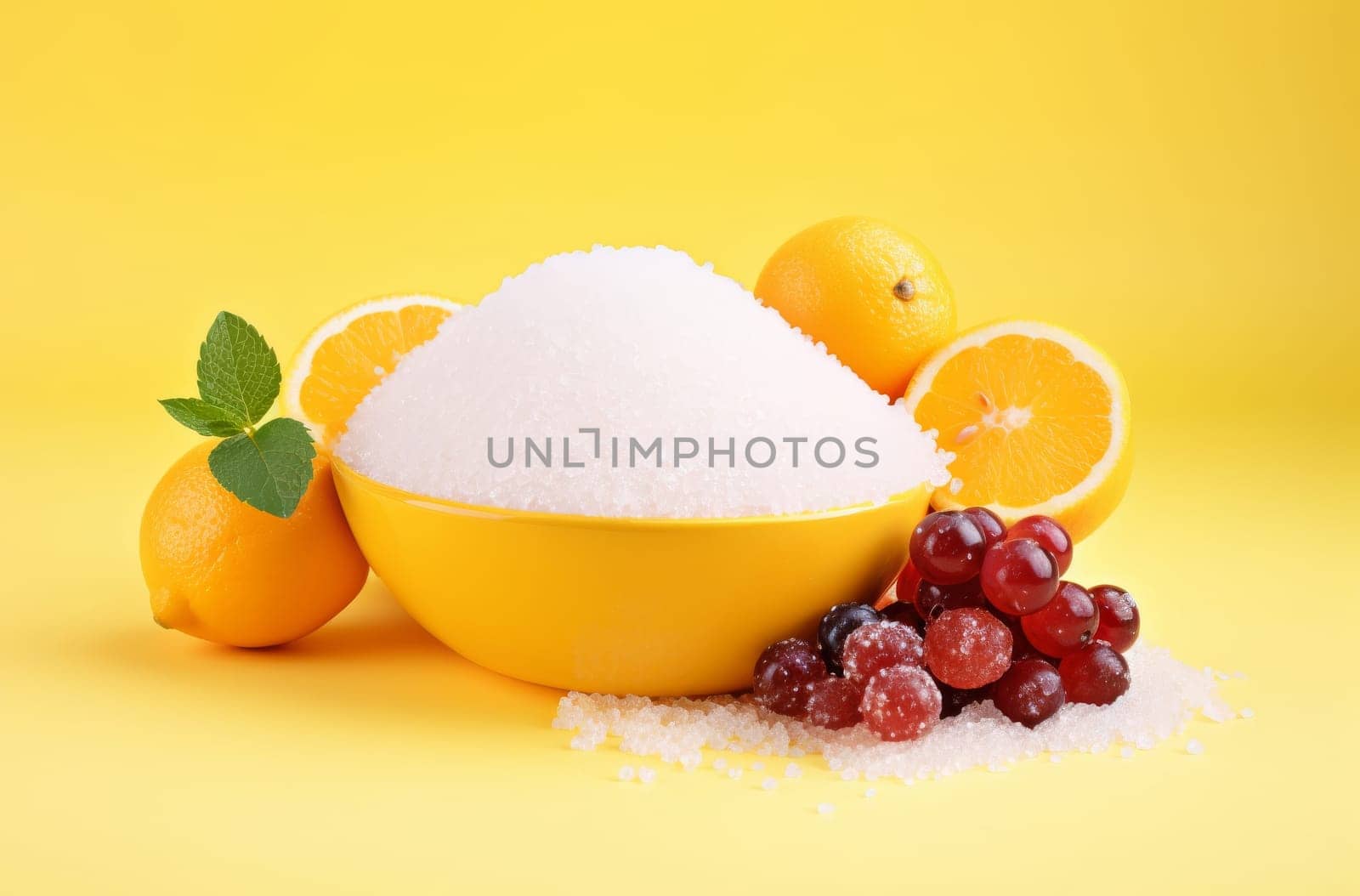 Yellow Bowl Filled With Sugar Surrounded by Fruit - Fresh, Sweet, and Colorful by gcm