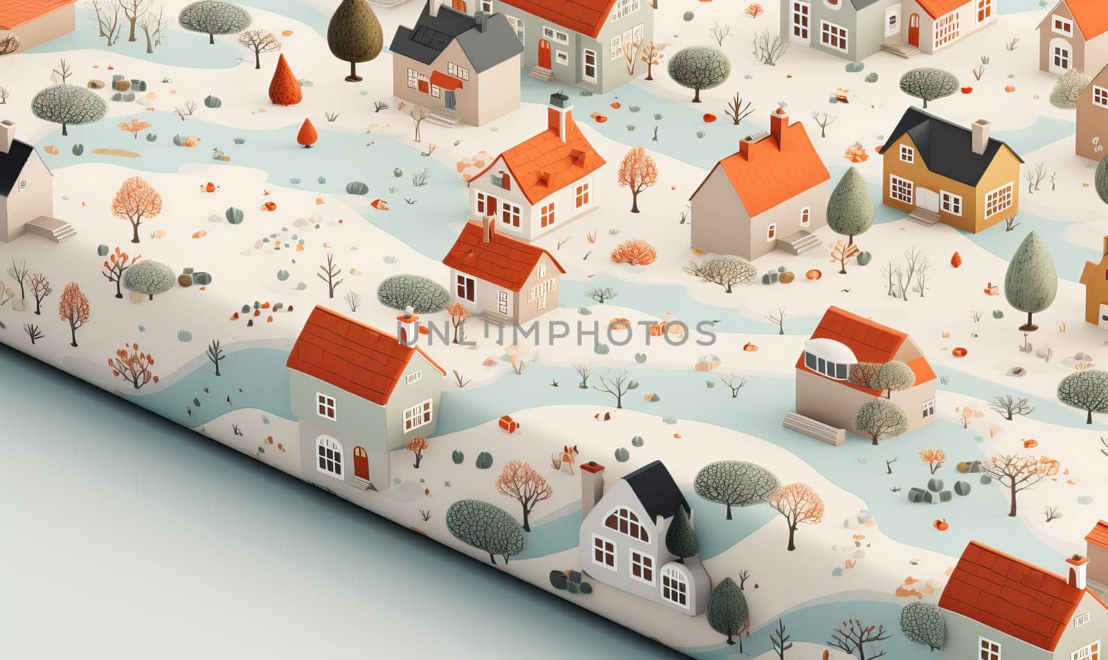Wrapping paper depicting a village landscape. Selective soft focus.