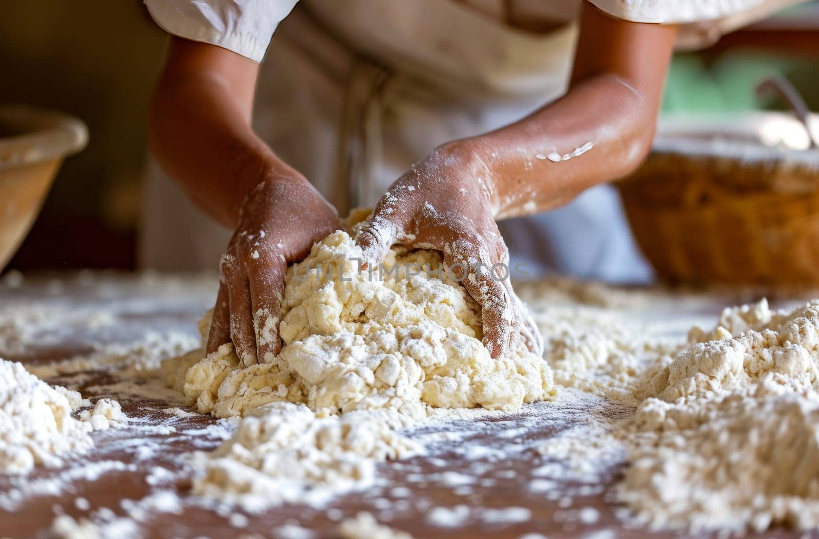 A person passionately kneading dough for bread on top of a table in a cozy home kitchen